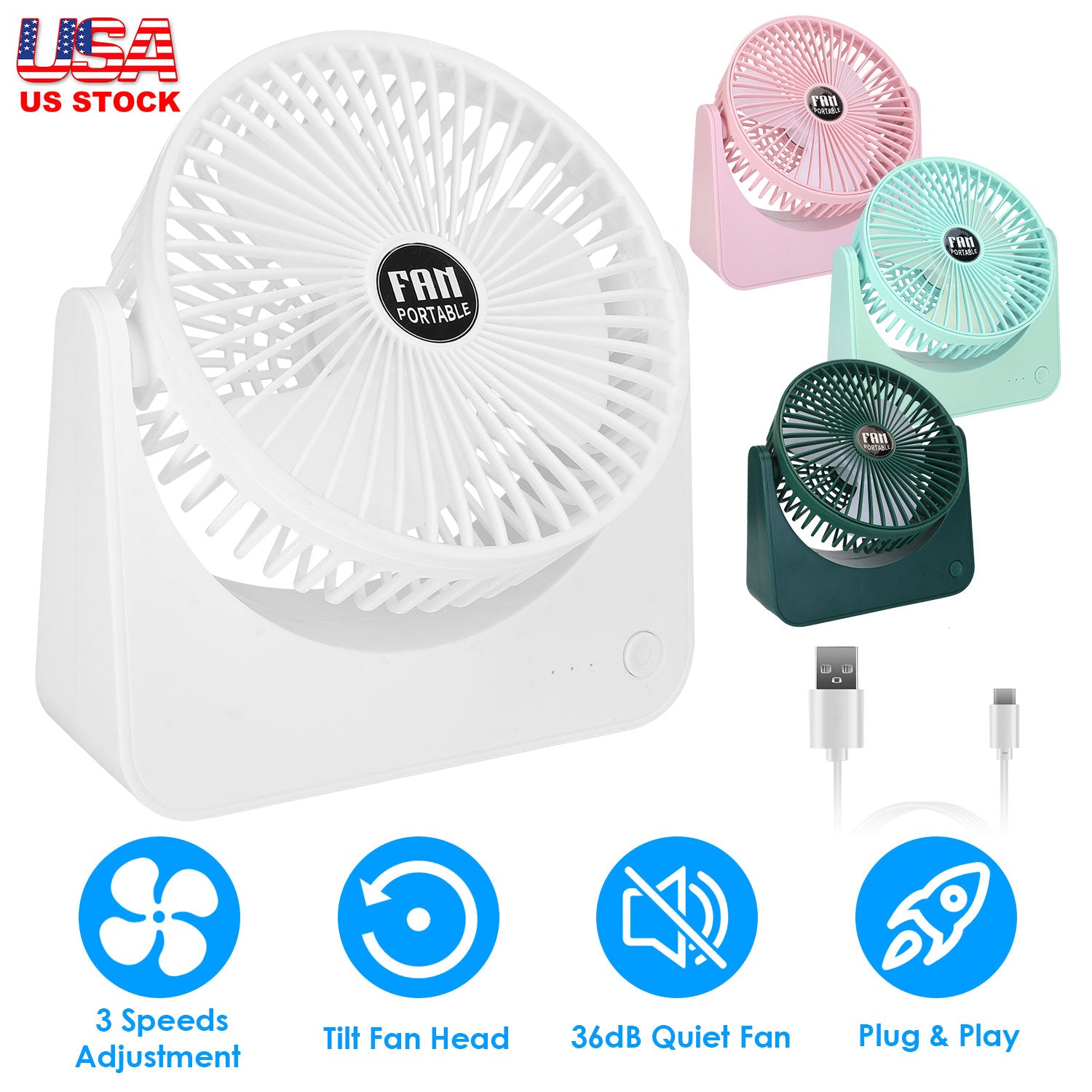 6.5in Desk Fan USB Powered 3 Speeds Table Cooling Fan Tilt Quiet Desktop Fan for Bedroom Office
