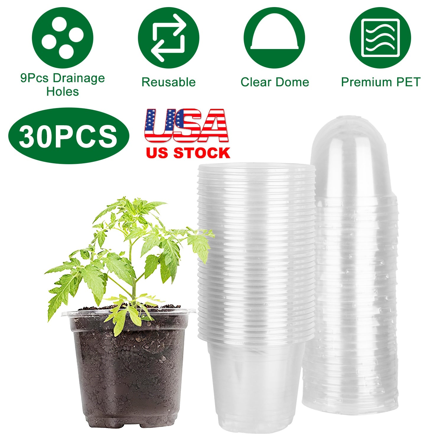 30Pcs Plant Nursery Pots PET Flower Seed Starting Pots Container with Dome with Drainage Holes