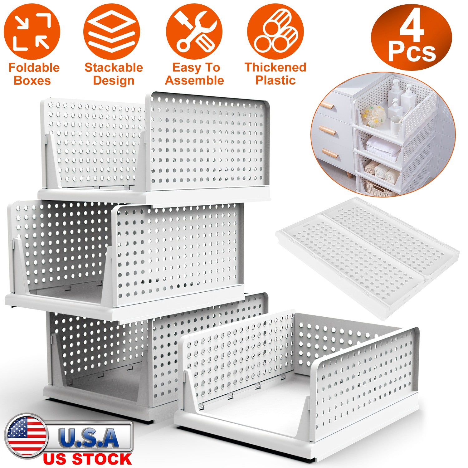 4 Packs Plastic Storage Box Closet Organizer Foldable Storage Bin Stackable Drawer with Slide Rail Push-Pull Storage Basket for Living Room Bedroom Wa