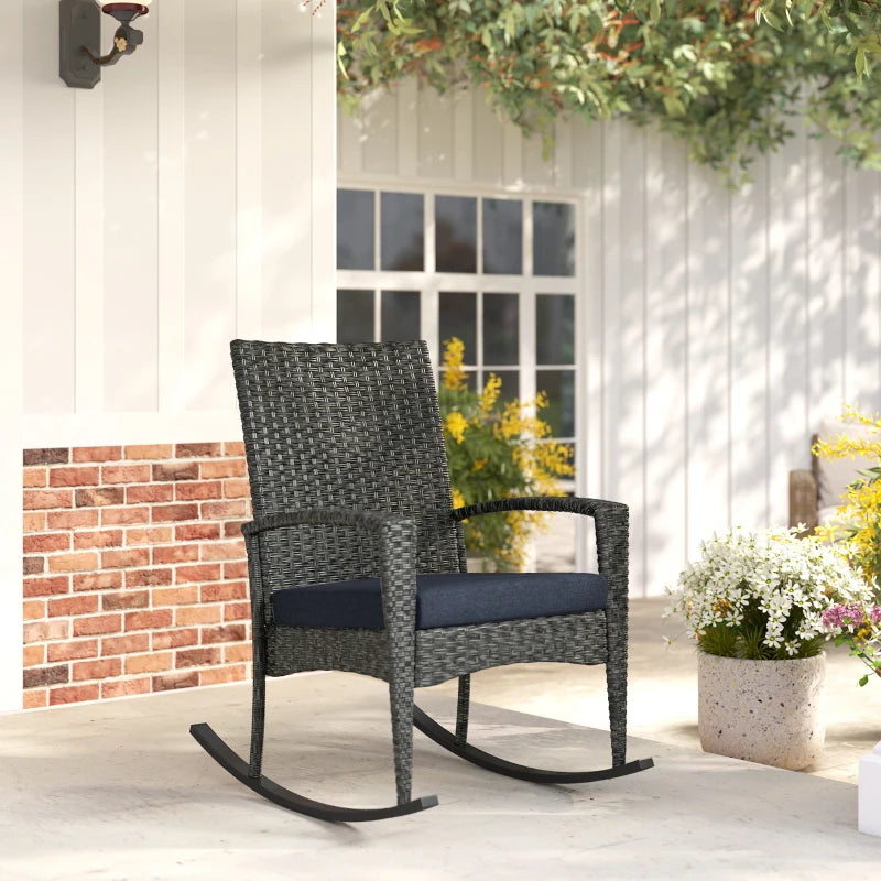 Outdoor Rocking Chair, Patio Wicker Chair Removable Cushion, High Back and Armrests for Porch Balcony, Navy Blue