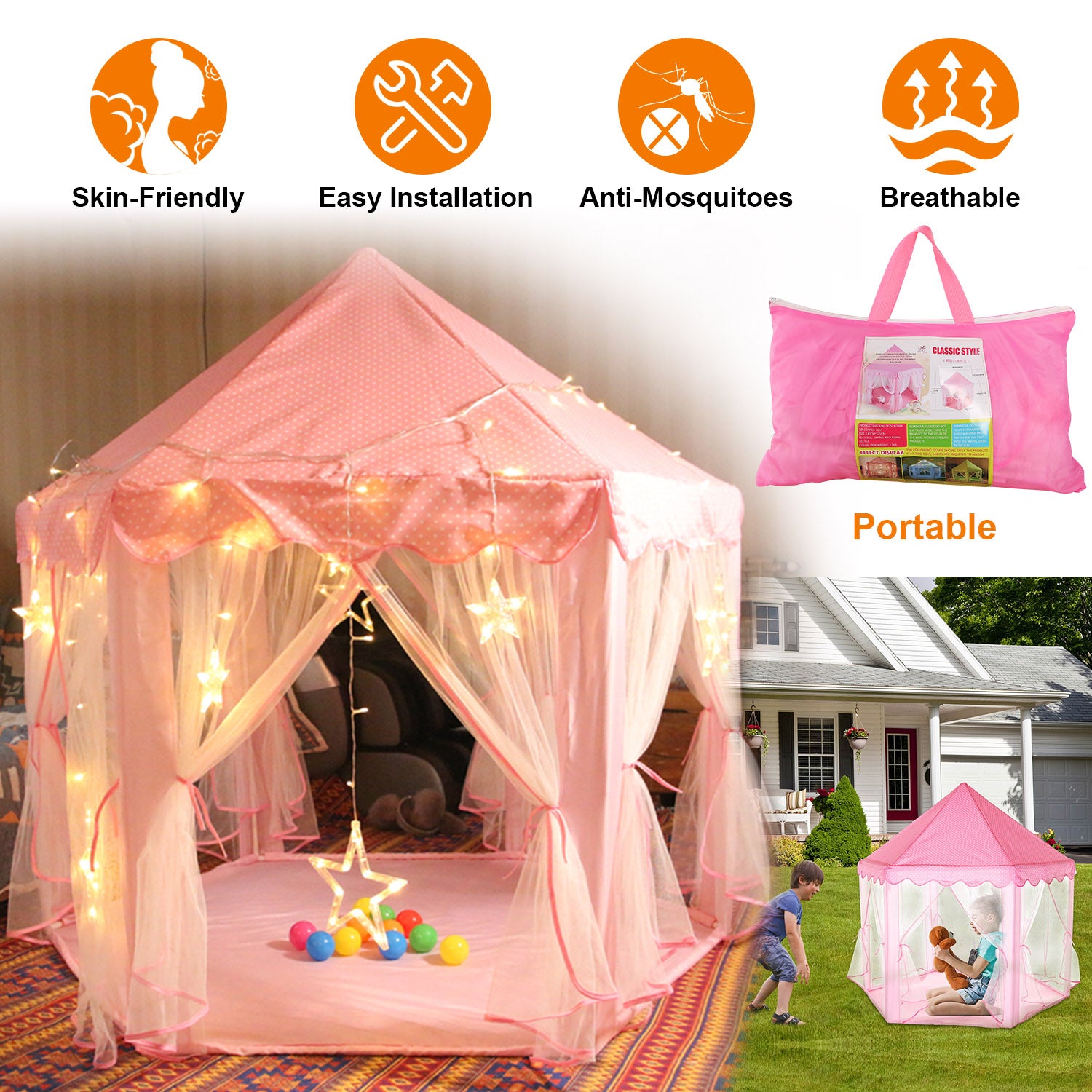 Kids Play Tents Princess for Girls Princess Castle Children Playhouse Indoor Outdoor Use w/ Carry Case
