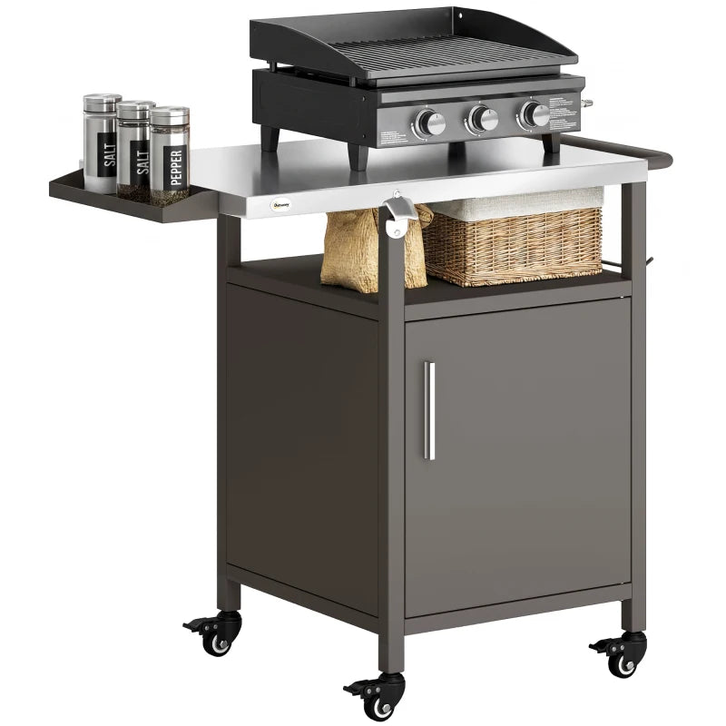 Outdoor Grill Cart with Steel top, Pizza Oven Stand with Cabinet, Spice Rack, Towel Holder, Bottle Opener, Brown
