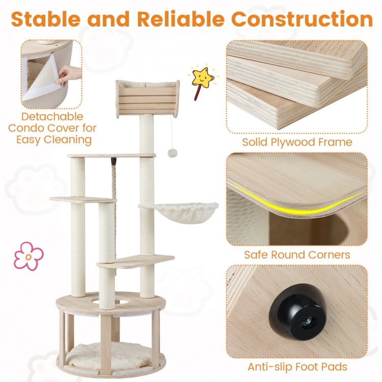 55.5 Inches Tall Wooden Cat Tree with Washable Plush Cushions for Indoor Cats