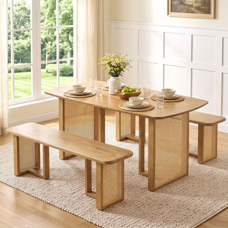 55" Solid Rubber Wood Dining Table Set with 2 Benches – Boho Rectangular Dining Set