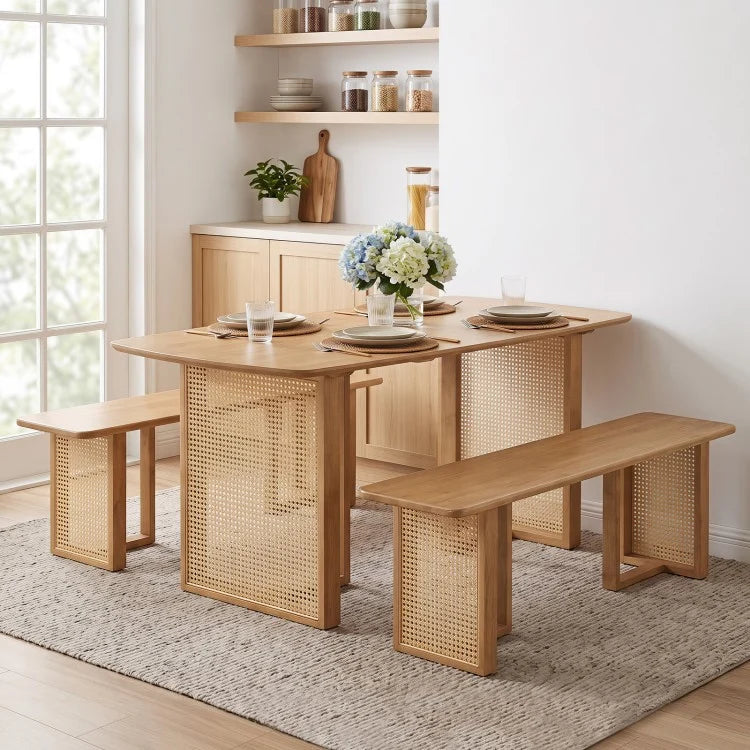 55" Solid Rubber Wood Dining Table Set with 2 Benches – Boho Rectangular Dining Set