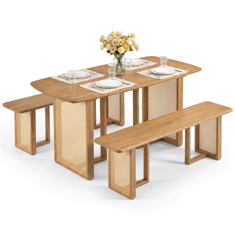 55" Solid Rubber Wood Dining Table Set with 2 Benches – Boho Rectangular Dining Set