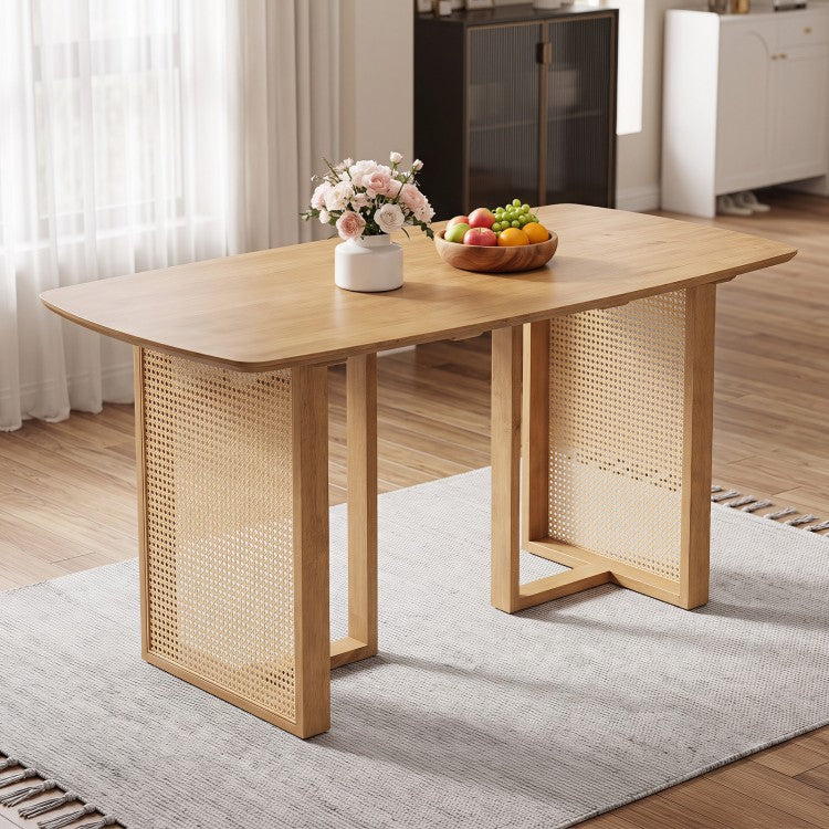 55" Solid Rubber Wood Dining Table Set with 2 Benches – Boho Rectangular Dining Set
