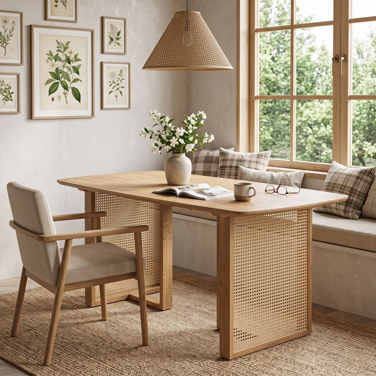 55" Solid Rubber Wood Dining Table Set with 2 Benches – Boho Rectangular Dining Set