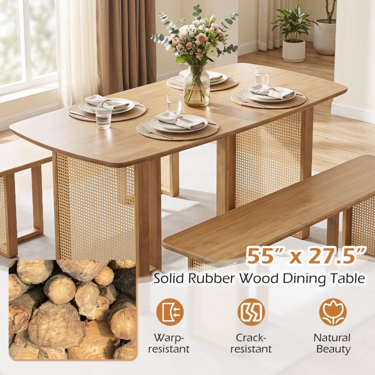 55" Solid Rubber Wood Dining Table Set with 2 Benches – Boho Rectangular Dining Set