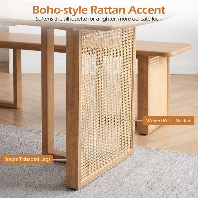 55" Solid Rubber Wood Dining Table Set with 2 Benches – Boho Rectangular Dining Set
