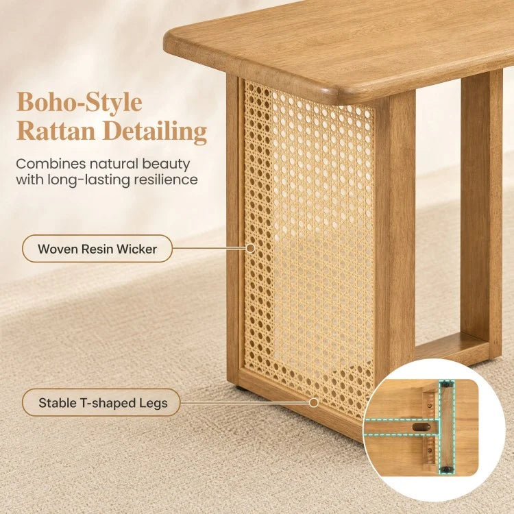 55" Solid Rubber Wood Dining Table Set with 2 Benches – Boho Rectangular Dining Set
