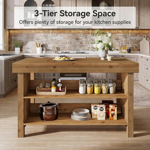 Bar Table 55" Farmhouse 3-Tier Solid Wood Bar Unit with Open Storage Shelves Brown