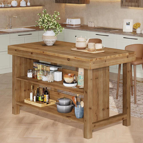 Bar Table 55" Farmhouse 3-Tier Solid Wood Bar Unit with Open Storage Shelves Brown