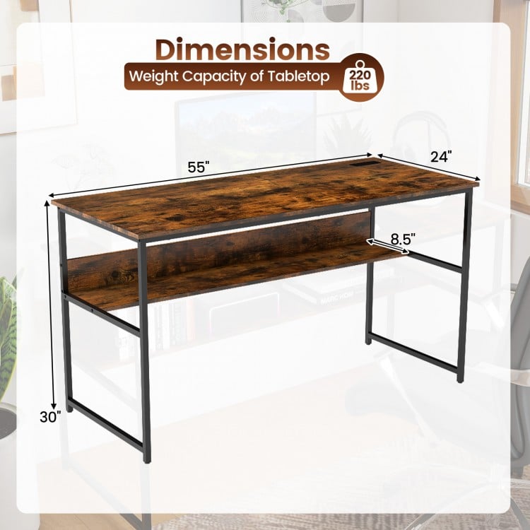 55 x 24 inch Computer Desk with Power Outlets and USB Ports-Rustic Brown