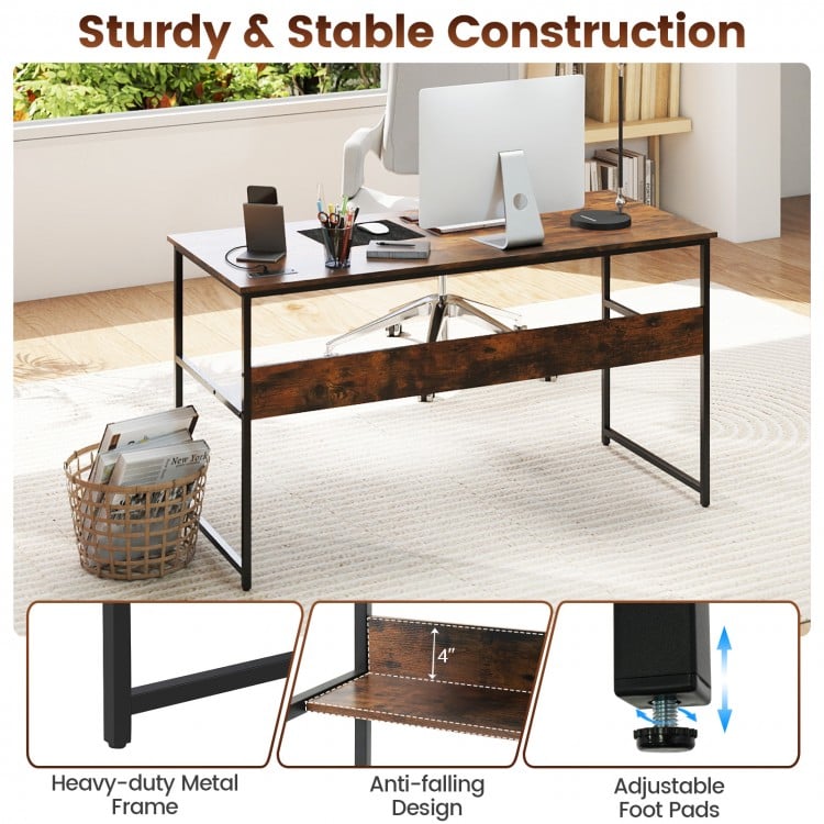 55 x 24 inch Computer Desk with Power Outlets and USB Ports-Rustic Brown