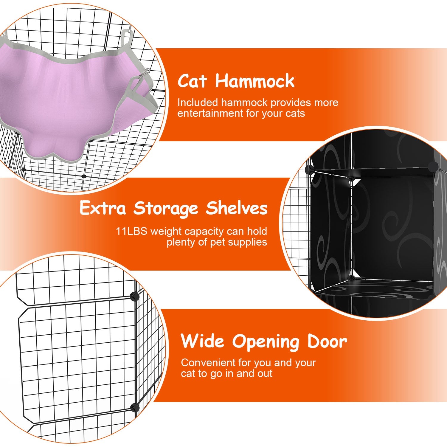 4Tier Cat Playpen Cage Black Iron Indoor Cat House Detachable Kitten House with Storage Shelves Cat Hammock Flexible Installation For 1-4Cats Exercise