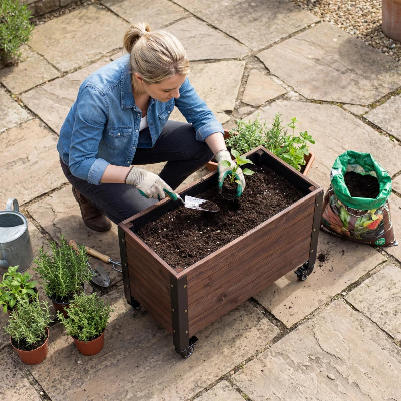 Raised Garden Bed with Wheels & Drainage Holes, Outdoor Planter Box with Liner for Patio Balcony