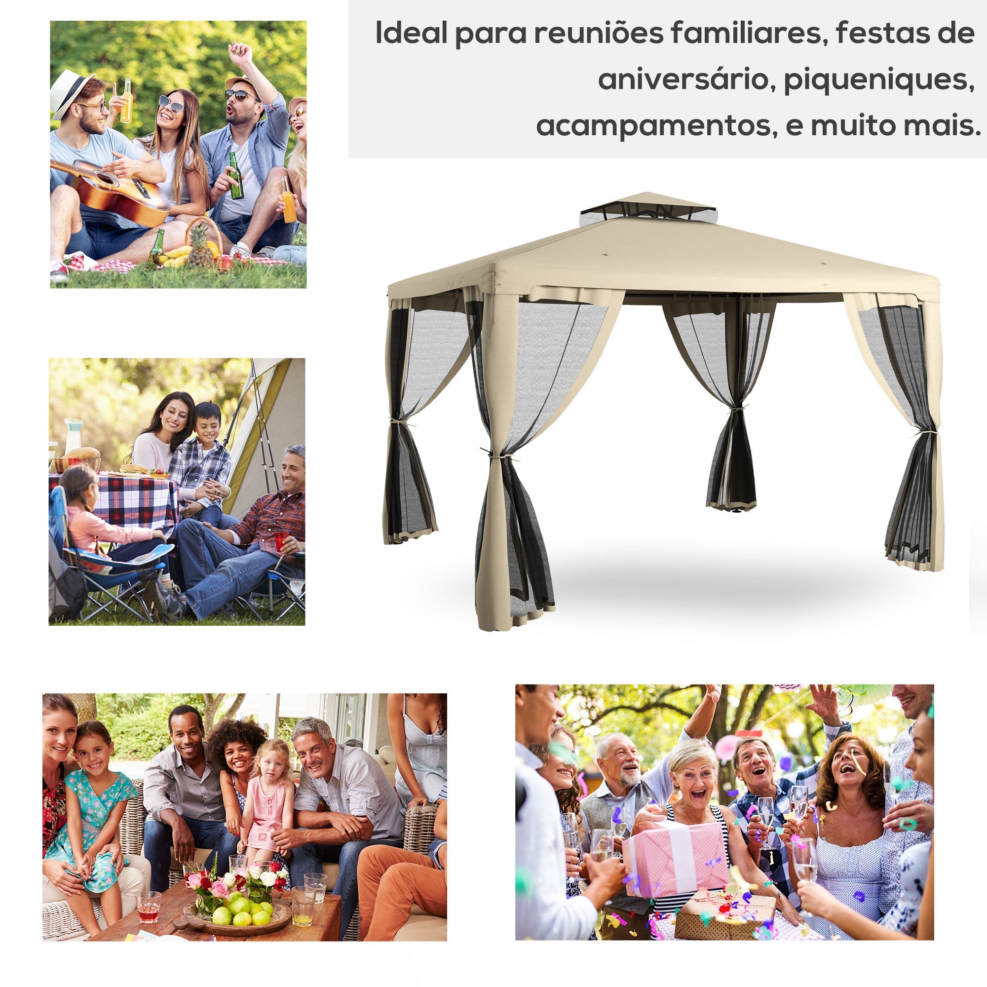 Outsunny 11.65' x 10' Patio Gazebo Outdoor Pavilion 2 Tire Roof Canopy Shelter Garden, Steel Frame w/ Mosquito Netting, Taupe
