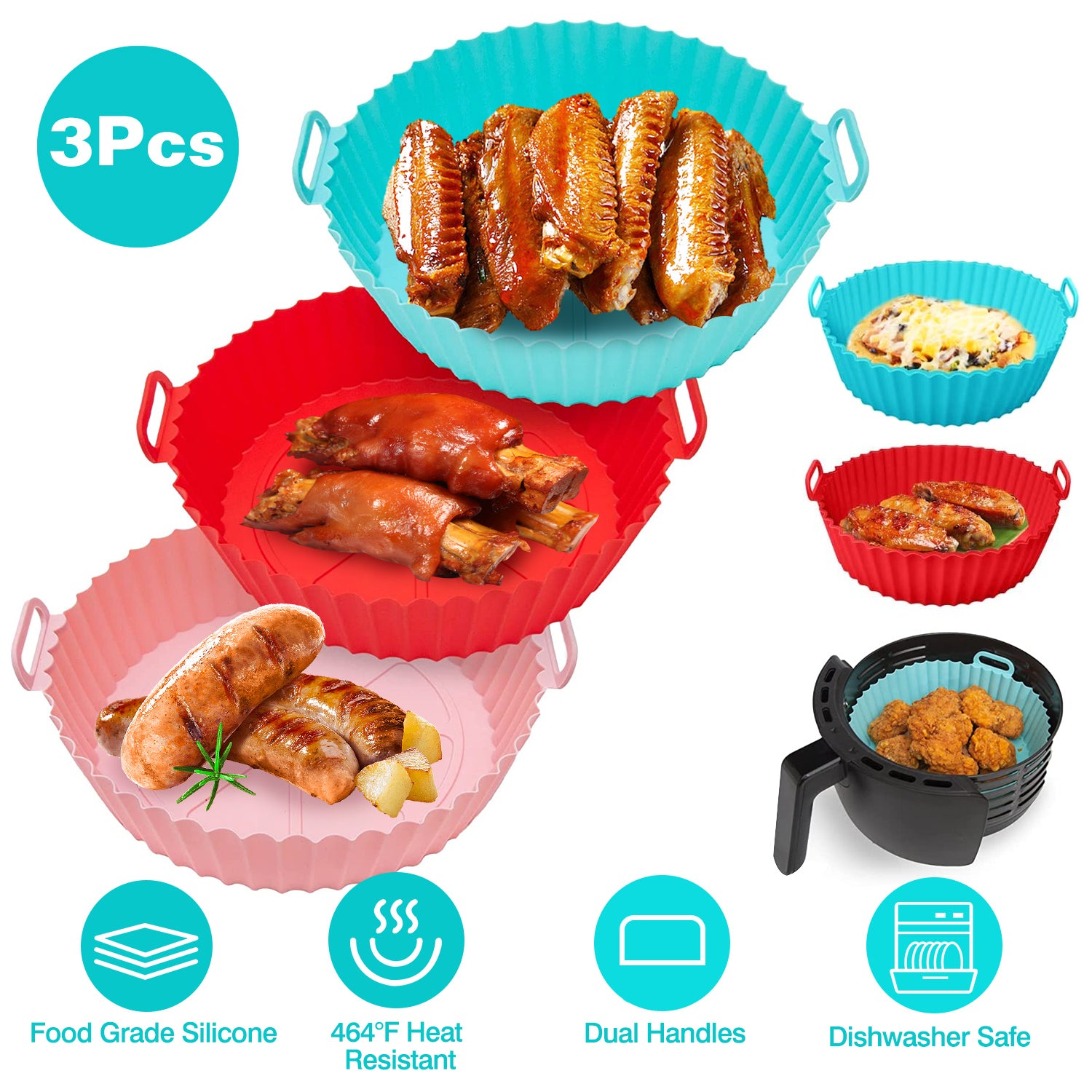 3Pcs Reusable Foldbale Air Fryer Silicone Pot 464°F Heat Resistant Round Replacement of Parchment Liners 3 Food Grade Baking Basket Pans for 4+Quart A