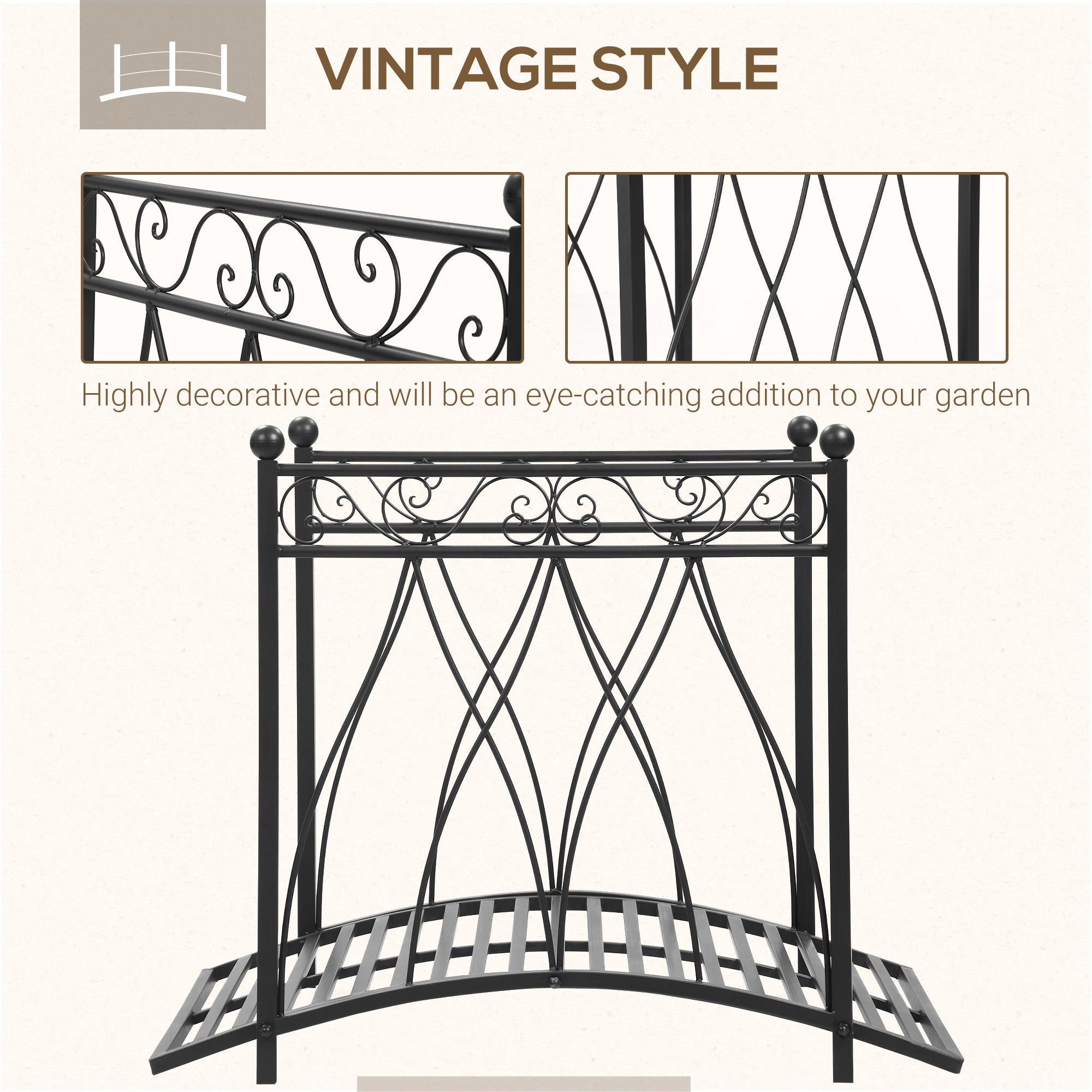 Outsunny 3.3FT Classic Wooden Garden Bridge with Safety Railings Decorative Arc Footbridge for Backyard Creek Stream Black