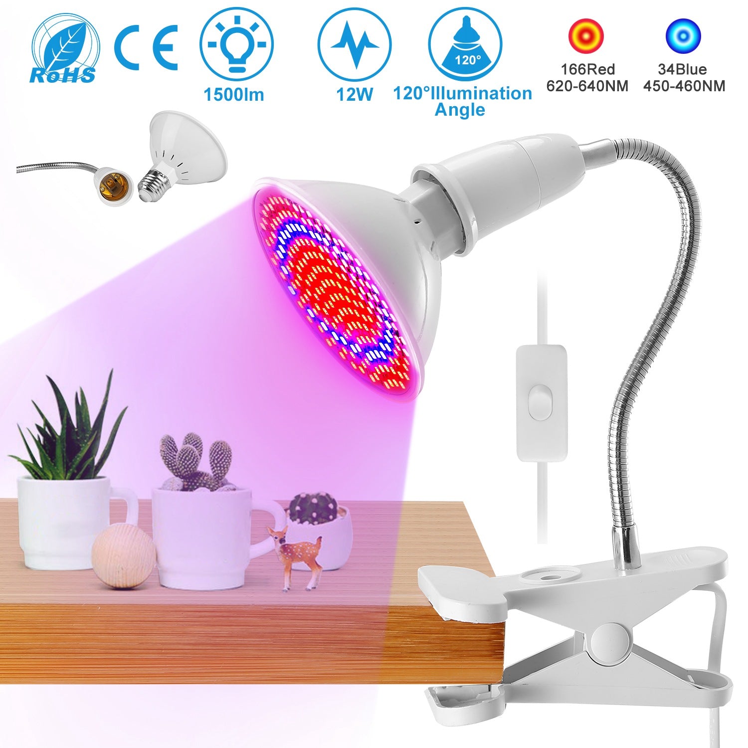 LED Grow Light 12W 200 Red Blue LEDs Plant Grow Lamp 360°Rotatable Plant Light w/ Desk Clip for Plants Indoor