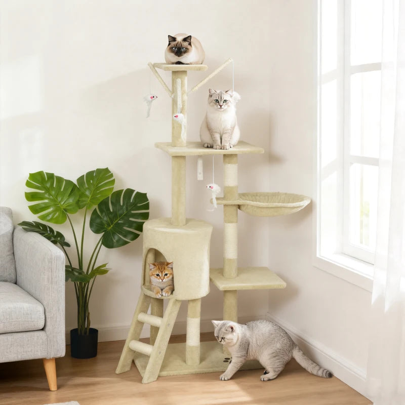53" Cat Tree Tower, Kitten Activity Centre with Scratching Posts, Condo, Perches, Ladder, Hammock, Dangling Toys, Beige