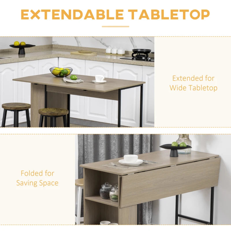 Counter Height Table with Drop Leaf, Extendable Bar Table with Adjustable Storage Shelf, Light Grey