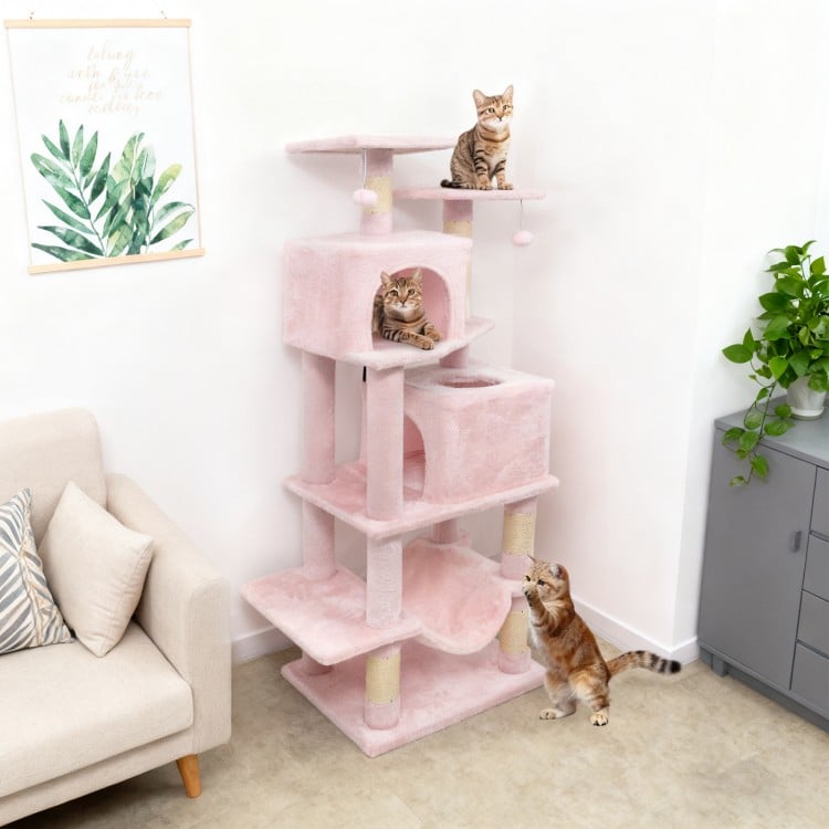 57 Inch Cat Tree with Dual Condos and Hammock and 2 Dangling Balls-Pink