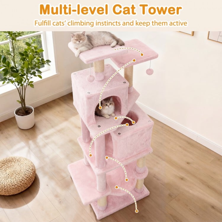 57 Inch Cat Tree with Dual Condos and Hammock and 2 Dangling Balls-Pink