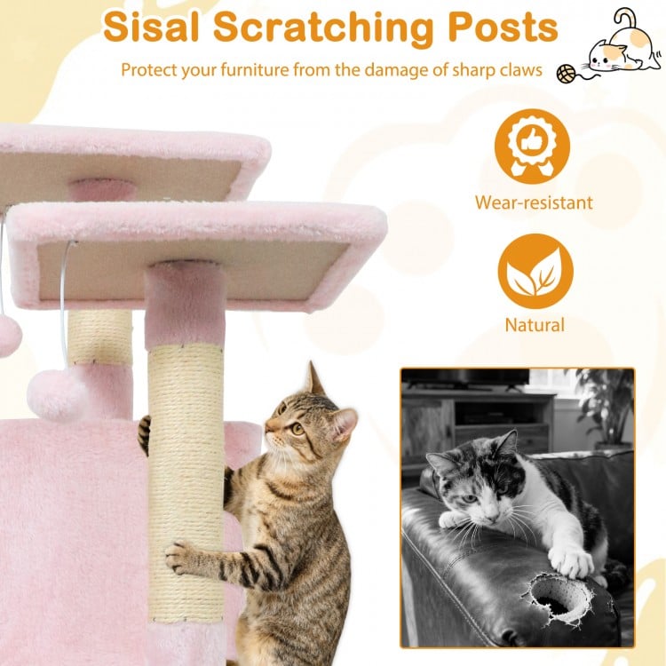 57 Inch Cat Tree with Dual Condos and Hammock and 2 Dangling Balls-Pink