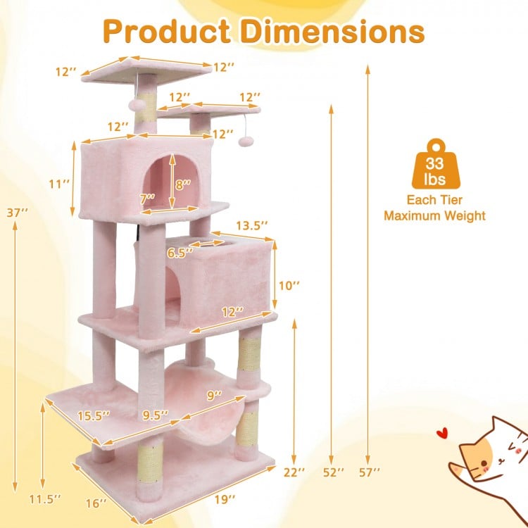 57 Inch Cat Tree with Dual Condos and Hammock and 2 Dangling Balls-Pink