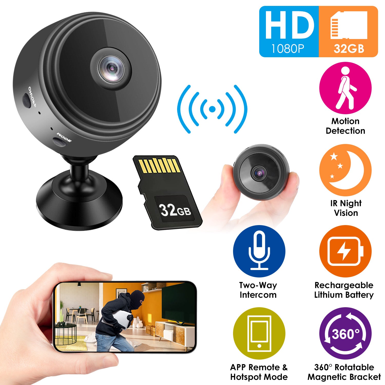 Mini Camera Wireless Wifi IP Home Security Cam 1080P Full HD Surveillance Camera Nanny Cam w/ 32G MMC Card