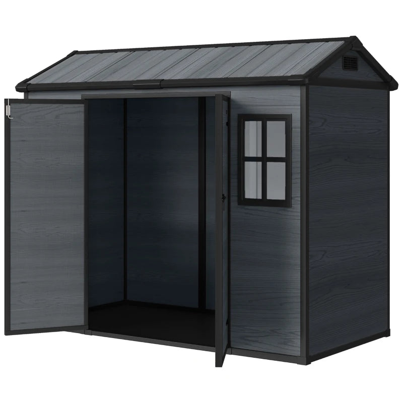 8 x 4 ft Resin Garden Shed, Wood-Effect Outdoor Storage Shed with Floor, Windows, Lockable Doors and Vents, Dark Grey