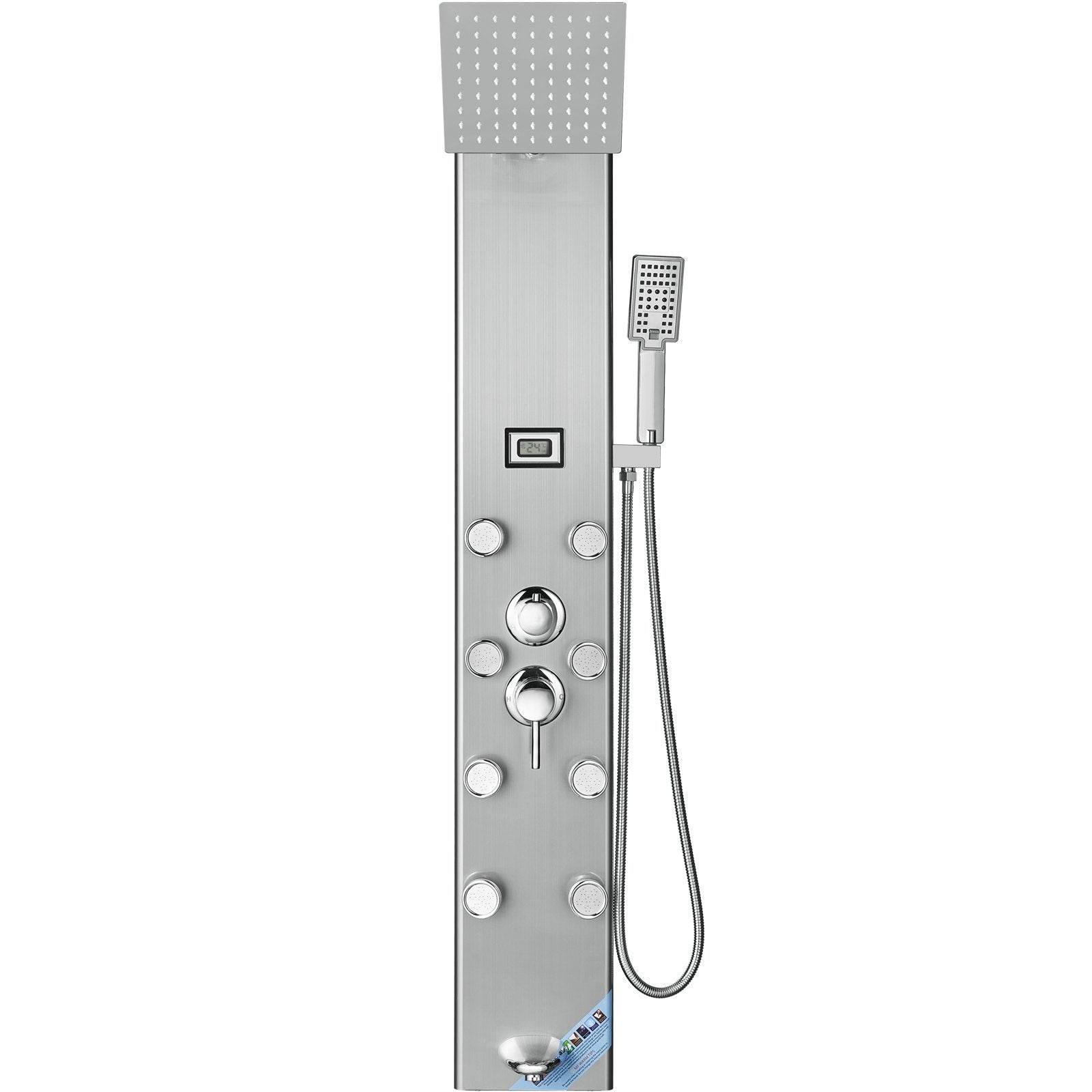 Shower Panel System, 5 Shower Modes, Digital Display Shower Panel Tower, Rainfall, 8 Massage Jets, Tub Spout, 3-Setting Handheld Shower Head 59 Hose, Stainless Steel Wall-Mounted Shower Set