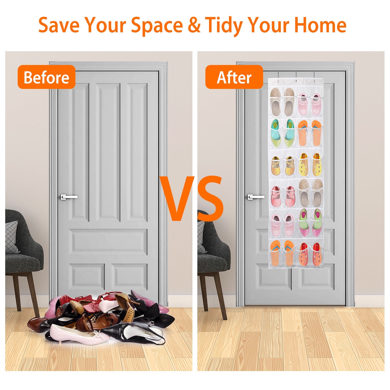 Over the Door Shoes Rack 24-Pocket Crystal Clear Organizer 6-Layer Hanging Storage Shelf for Shoes Slippers Small Toys Closet Cabinet