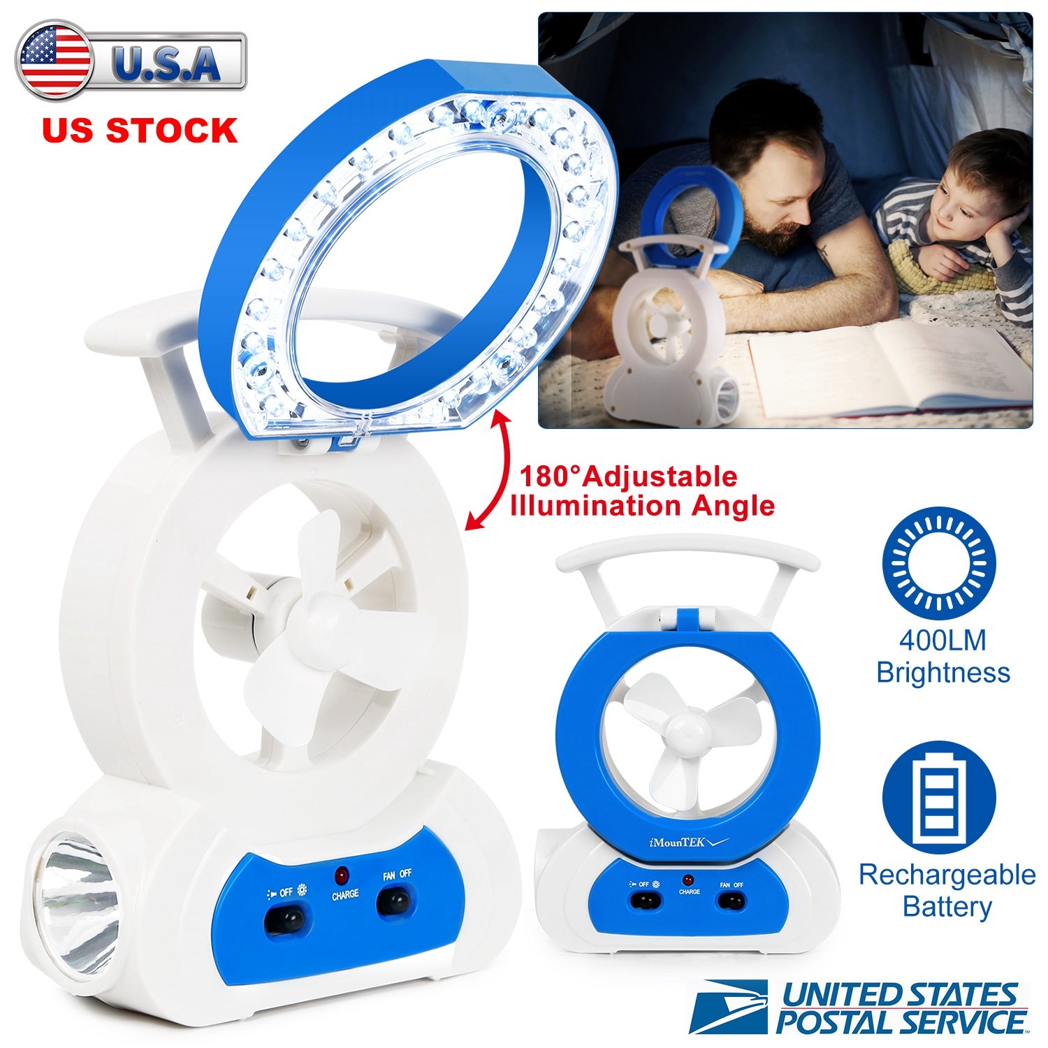 Desk Cooling Fan w/180°Adjustable LED Lamp Baby Stroller Fan Emergency Flashlight Torch for Household Camping Traveling