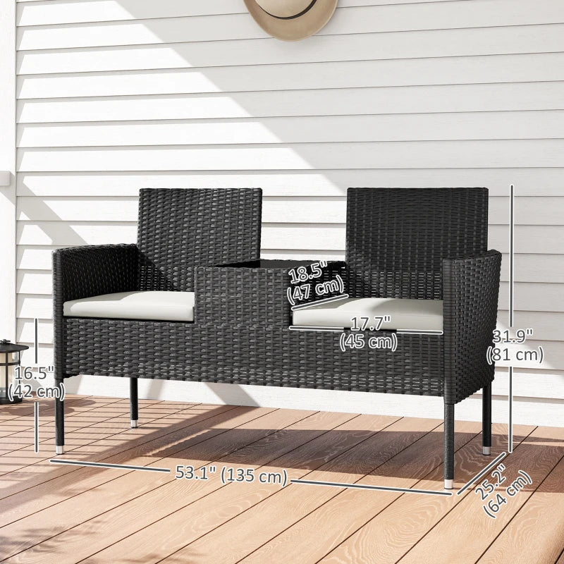 Patio Furniture w/ Mid-Table PE Rattan Loveseat w/ Cushion, Cream White
