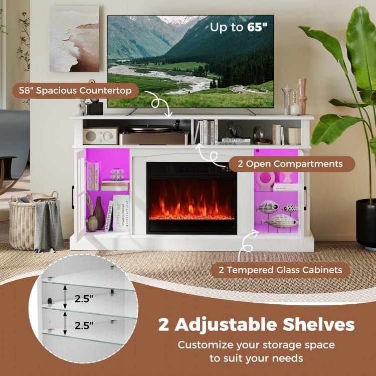 58 Inch Fireplace TV Stand with LED Lights with Storage Cabinets and Glass Doors-White