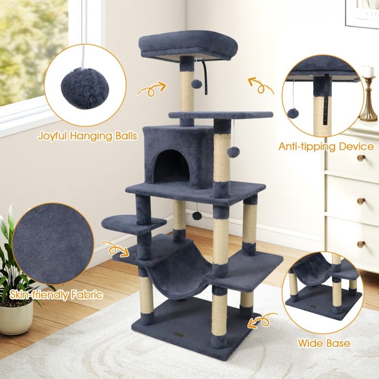 58" Multi-Level Cat Tree Soft Plush Cat Tower with Padded Top Perch-Grey