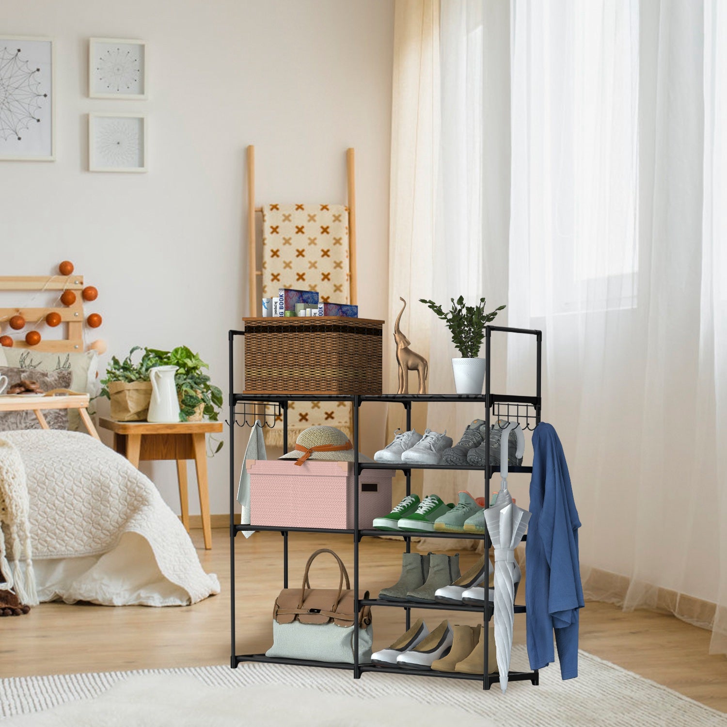 5 Tiers Plus 3 Tiers Shoe Rack Metal Shoe Storage Shelf Free Standing Shoe Stand 16+ Pairs Shoe Tower Unit Tall Shoe Organizer with 2 Row Hooks for En