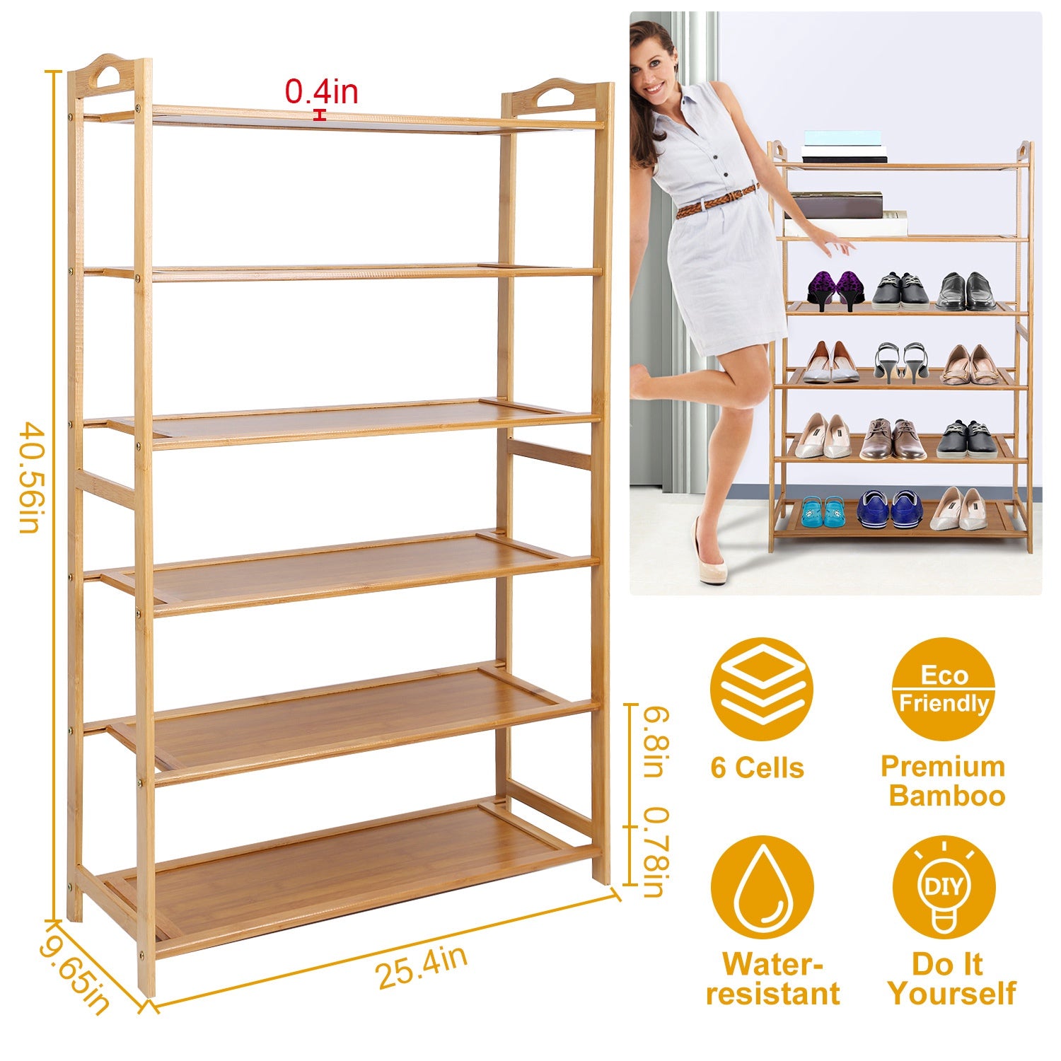 6 Tier Bamboo Shoe Rack Organizer Shoe Self Storage Entryway Standing Shelf Shoe Tower
