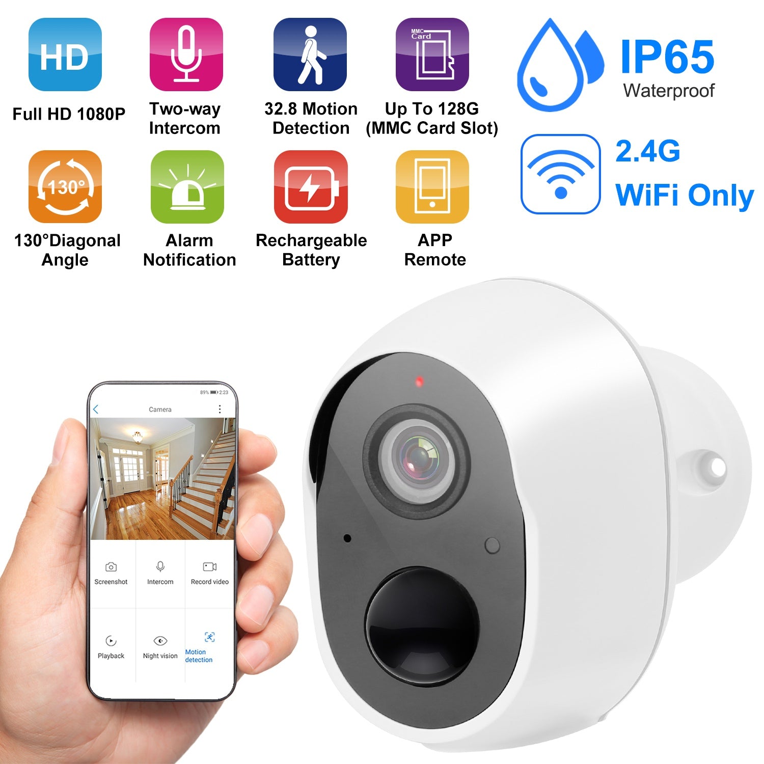 1080P FHD WiFi IP Camera Two-Way Audio Security Surveillance Camera IP65 Waterproof Motion Sensor Night Vision Network Camcorder APP Control For Kids