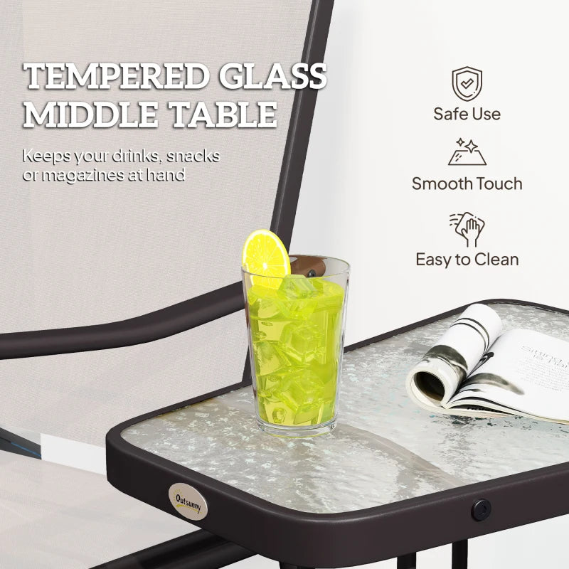 Double Patio Glider Chair with Glass Top Center Table, Outdoor Glider Loveseat with High Back, All Weather Breathable Mesh Fabric for Garden, Backyard, Deck, Beige