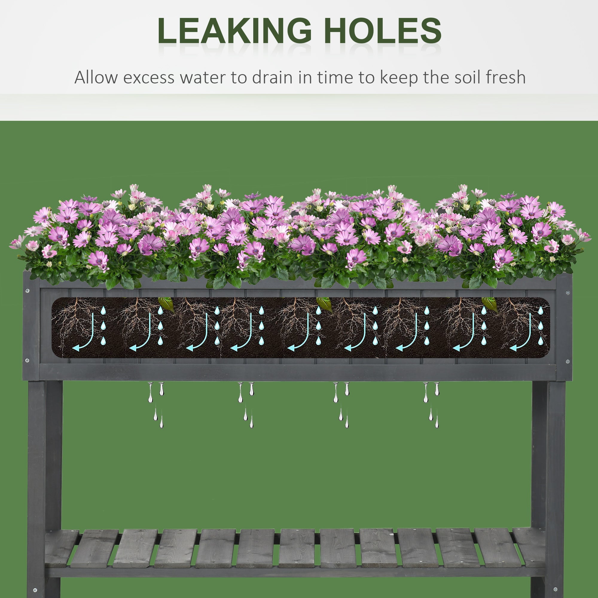 Outsunny 43.25" x 18" x 30" Raised Garden Bed, Wooden Plant Stand with 8 Grid Box, Storage Shelf for Outdoor, Dark Grey