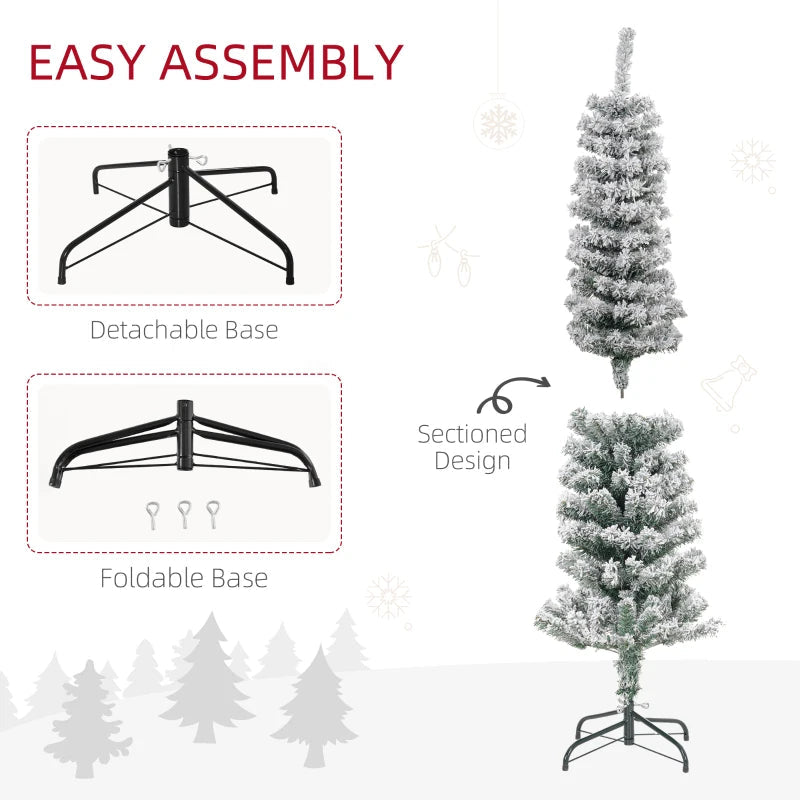 HOMCOM Flocked Pencil Christmas Tree with Realistic Branch Tips, Folding Metal Stand, Multicolor