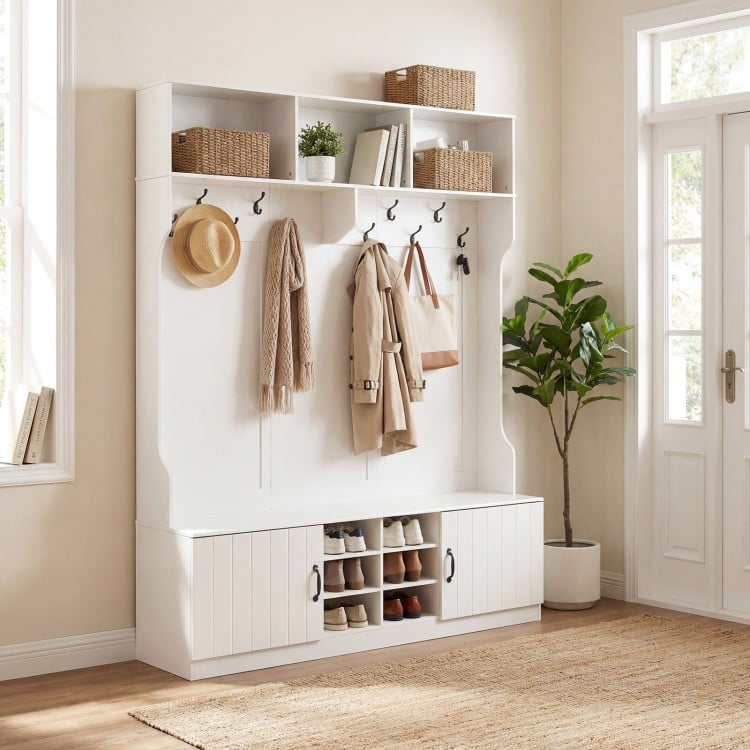 59" Wide 6-in-1 Hall Tree with Bench and Storage-White