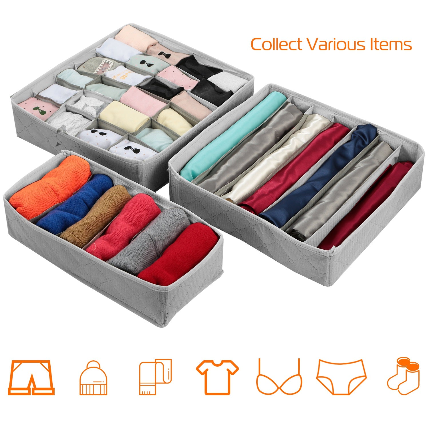 3 Pack Sock Organizer Box Foldable Damp Proof Storage Drawers Multi-cells Underwear Tie Container for Wardrobe Closet Cabinet