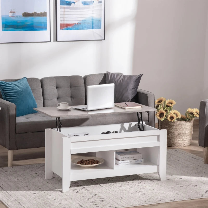 Lift Top Coffee Table with Hidden Storage Compartment and Open Shelves, Lift Tabletop Pop-Up Center Table for Living Room, White