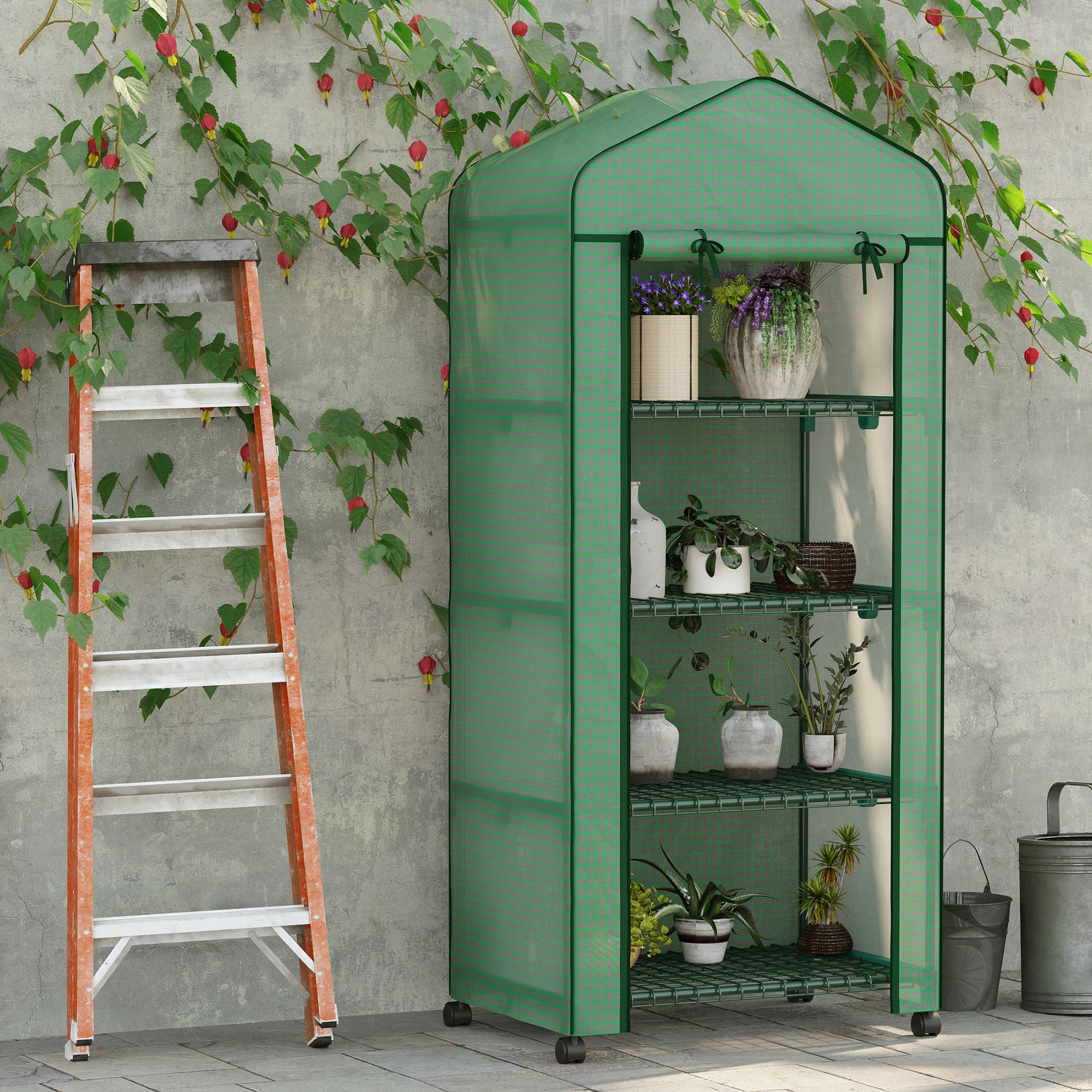 Outsunny Portable Grow Nursery: 4 Tier Shelves PE Cover Outdoor Garden Plant Flower House, Green