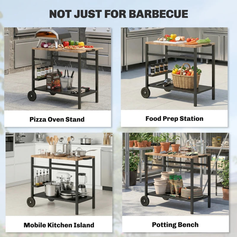 Outdoor Grill Cart, 2-Tier Pizza Oven Stand, BBQ Stand with Beverage Holder, Hooks, Wheels, Black and Brown